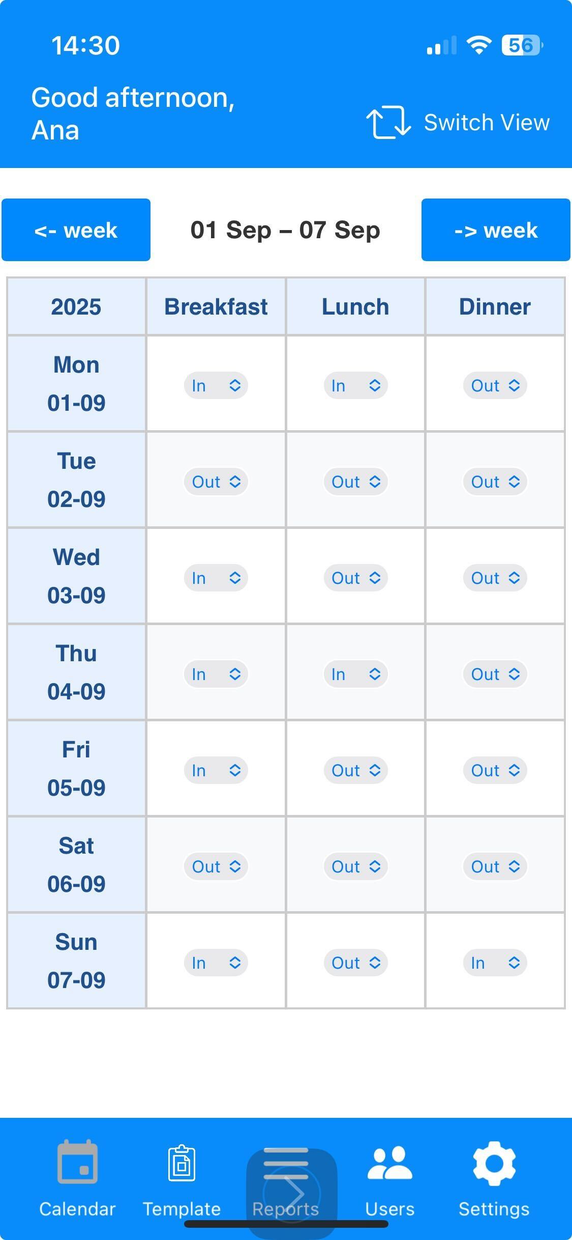 Meal Nums weekly planner